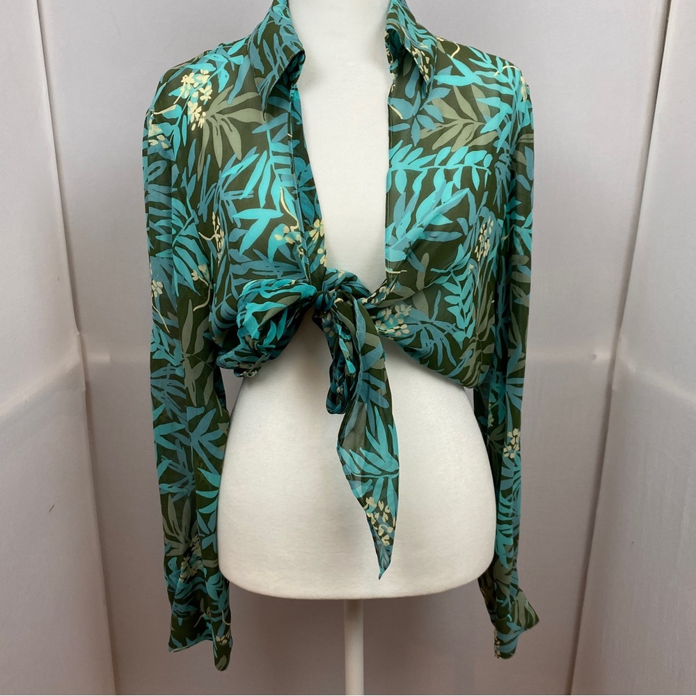 Vintage Womens Sz 12 Silk Tropical Floral Long Sleeve Crop Tie Front Top 70s